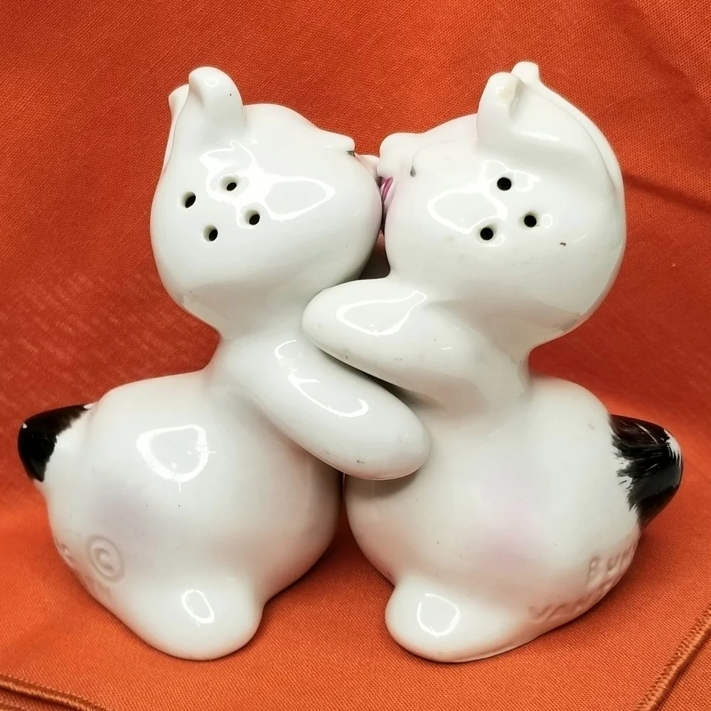 Whimsical White Pink Black Bunny Hug Van Tellingen Salt And Pepper Shakers